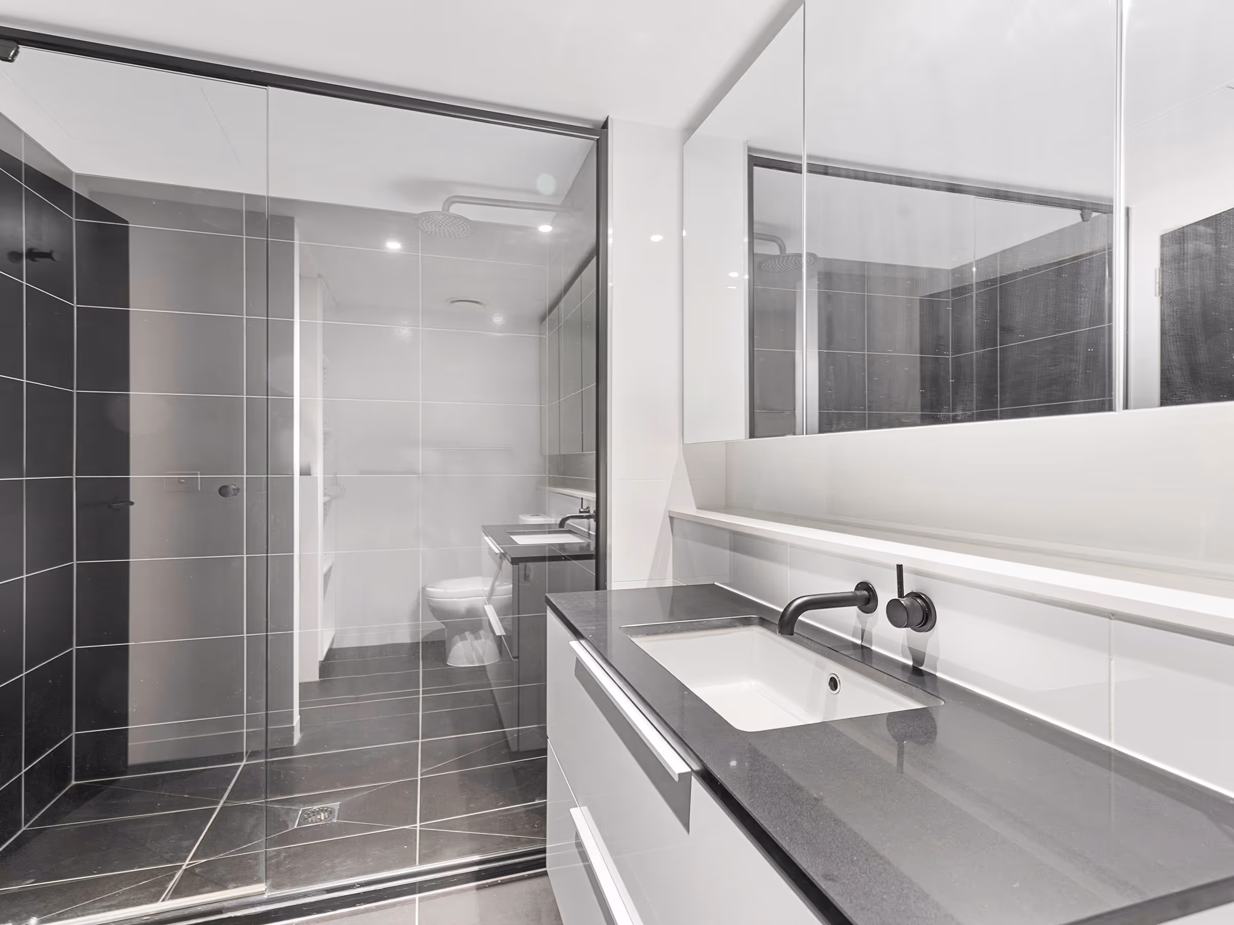 Modern basement bathroom renovation with black tile walk-in shower and vanity