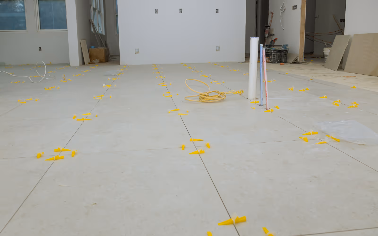Basement ceramic tile flooring installation in progress with tile leveling spacers