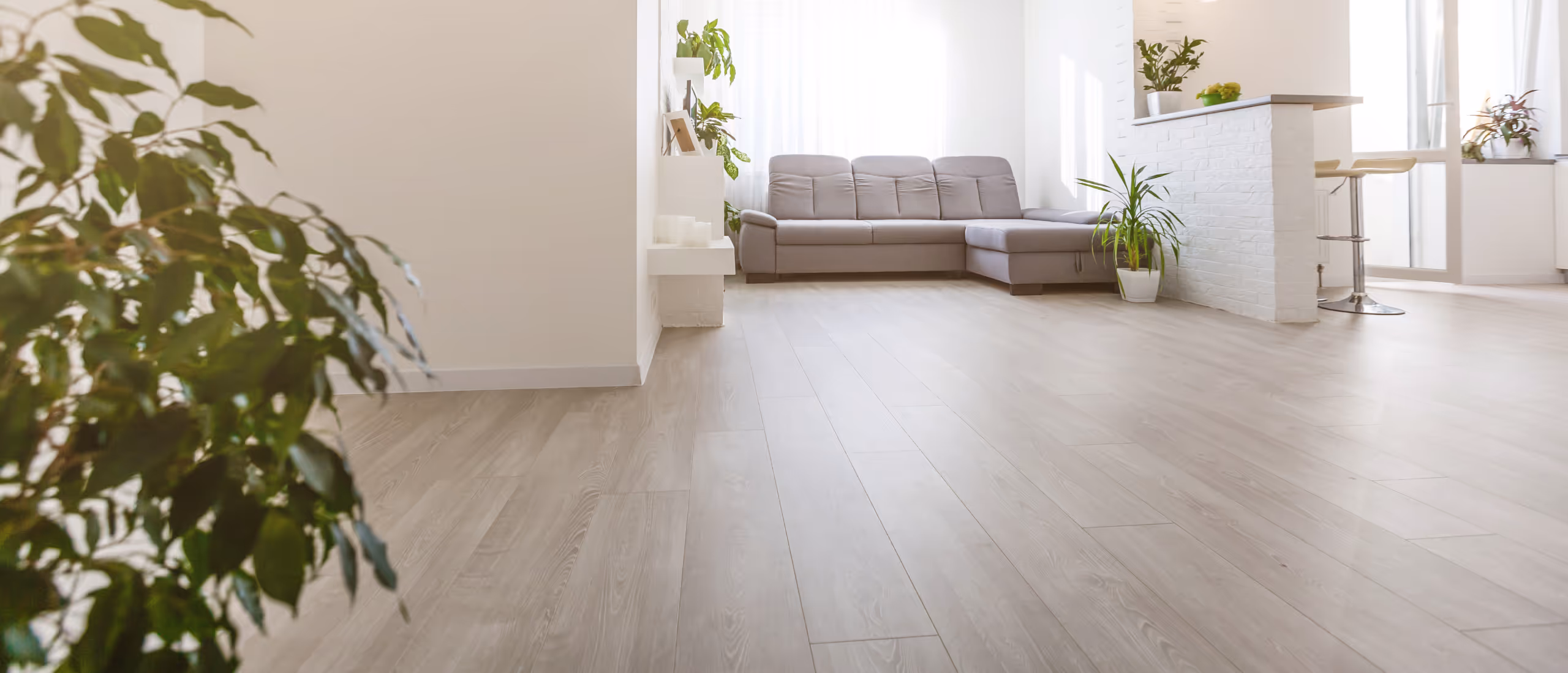 Finished basement living space with modern laminate flooring