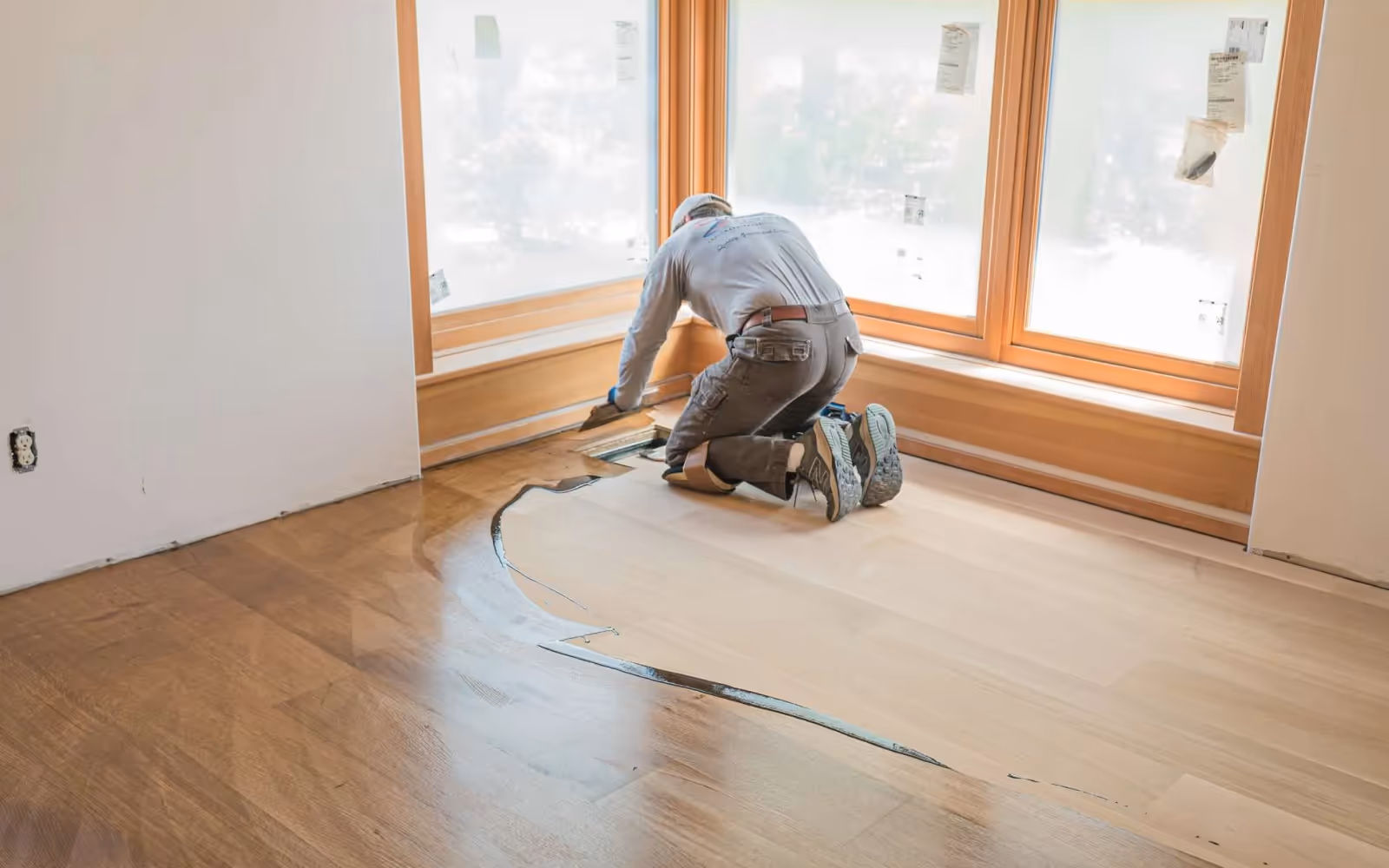 Hardwood floor restoration in progress with damaged area repair and refinishing prep