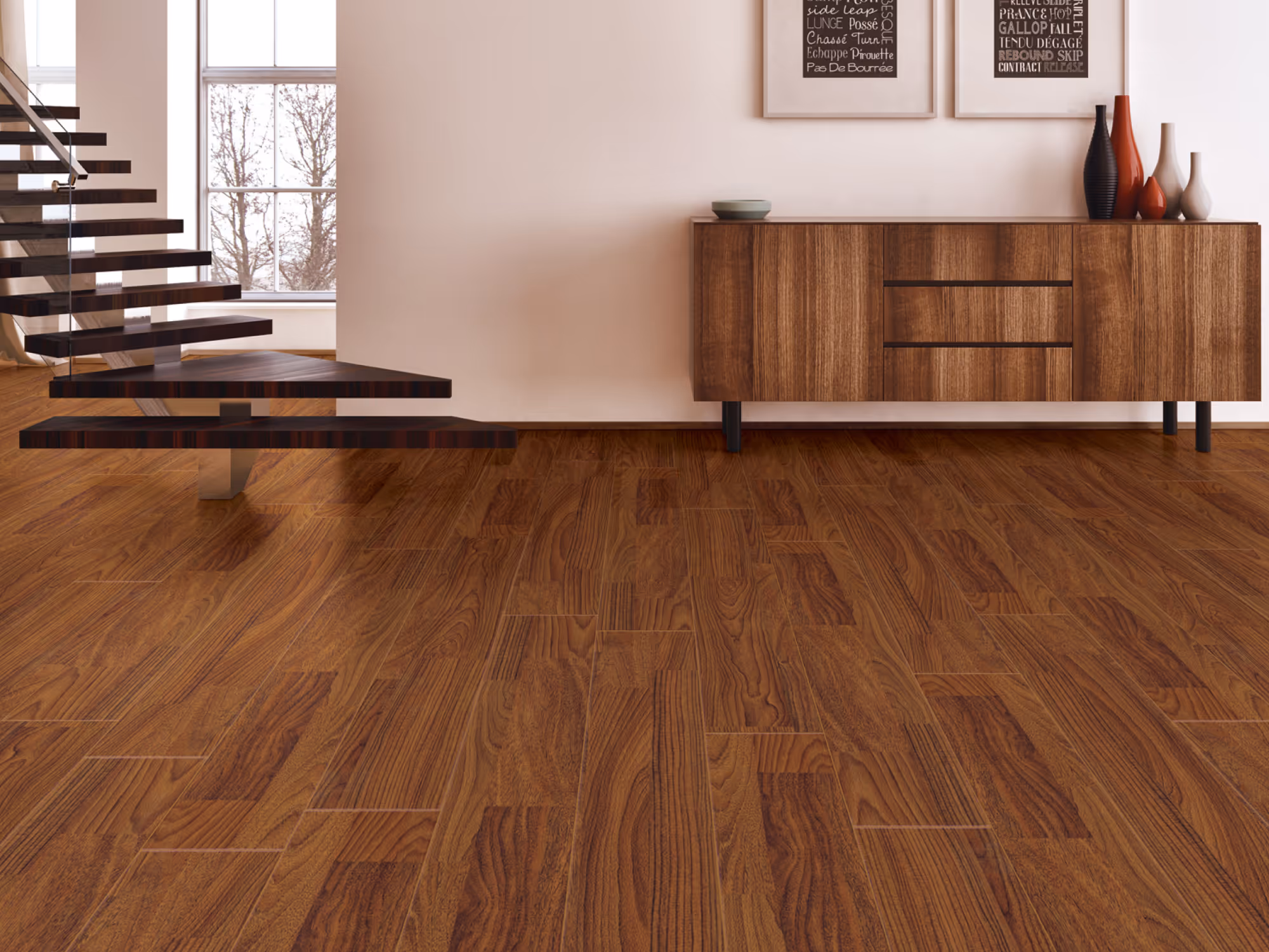 Refinished hardwood flooring in a modern interior with floating staircase