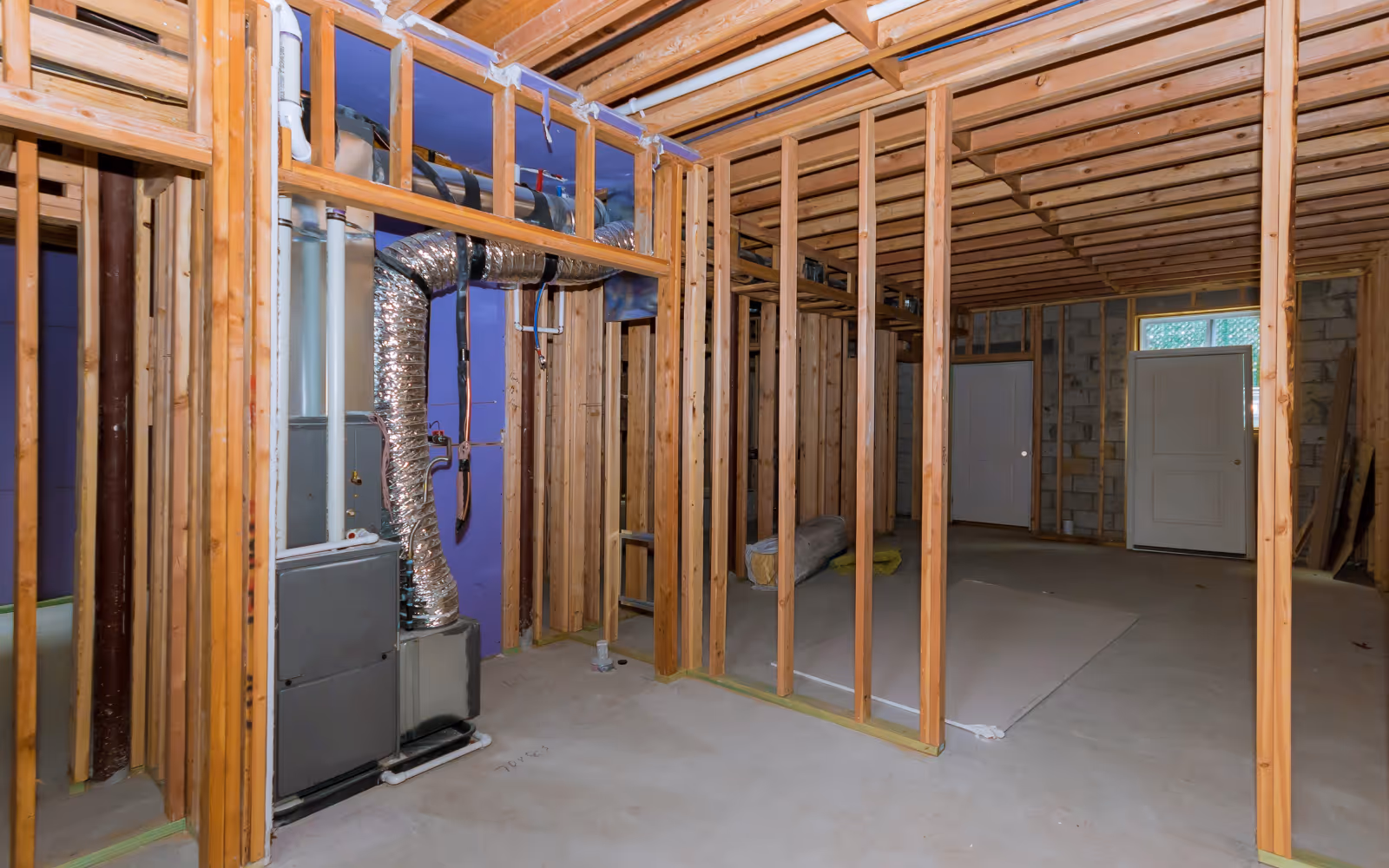 Basement utility room framing around furnace and mechanical area