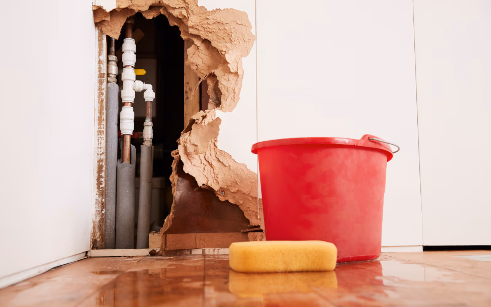 Basement water damage repair with exposed plumbing pipes behind damaged drywall