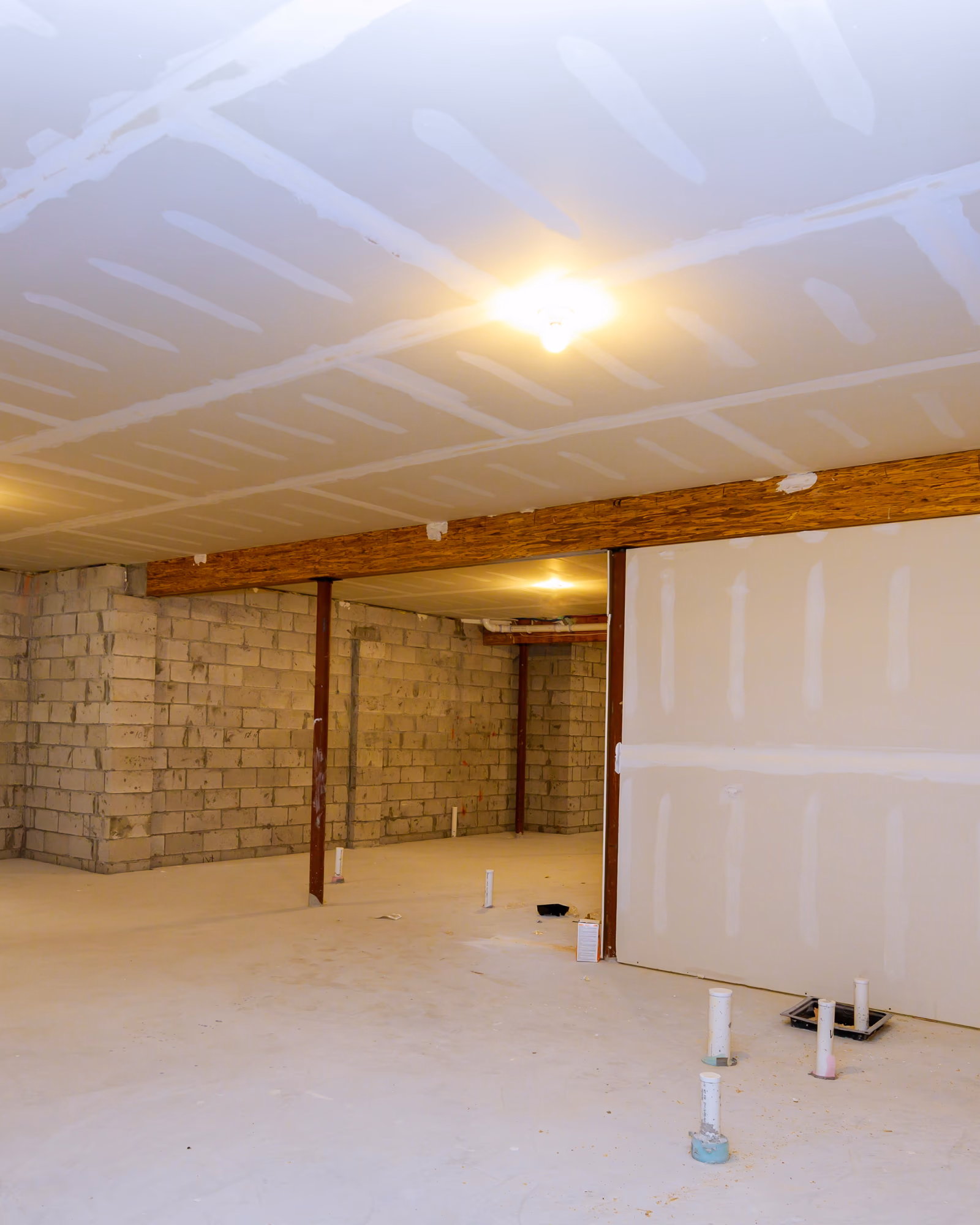 Finished basement drywall installation ready for painting